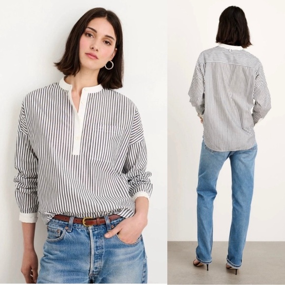 ALEX MILL Jo Striped Cotton Poplin Collarless Long Sleeve Shirt Size Medium - Picture 1 of 12